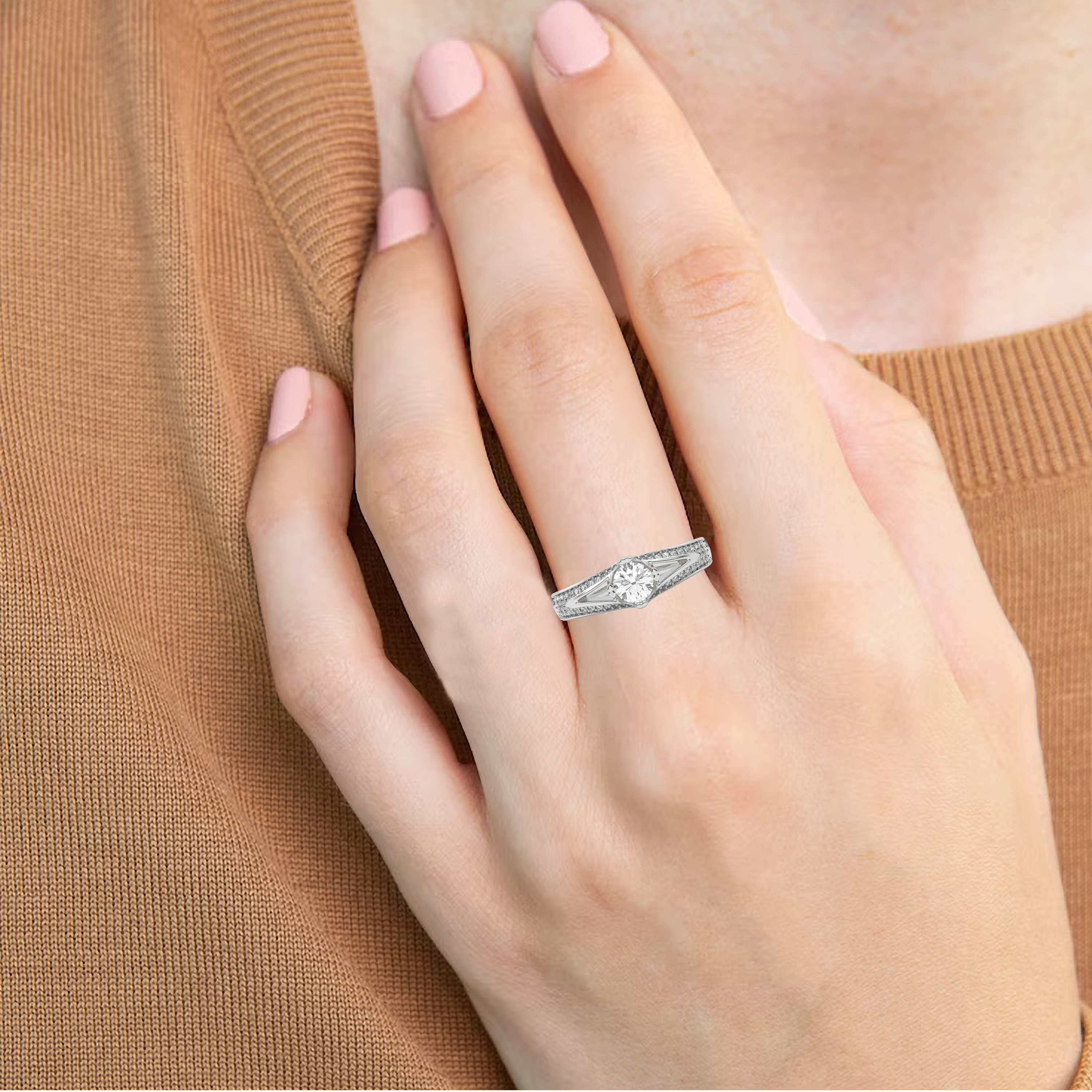 White Gold Studded 1.07 Carat Lab Grown Diamond Ring-E Color VS1 Clarity.